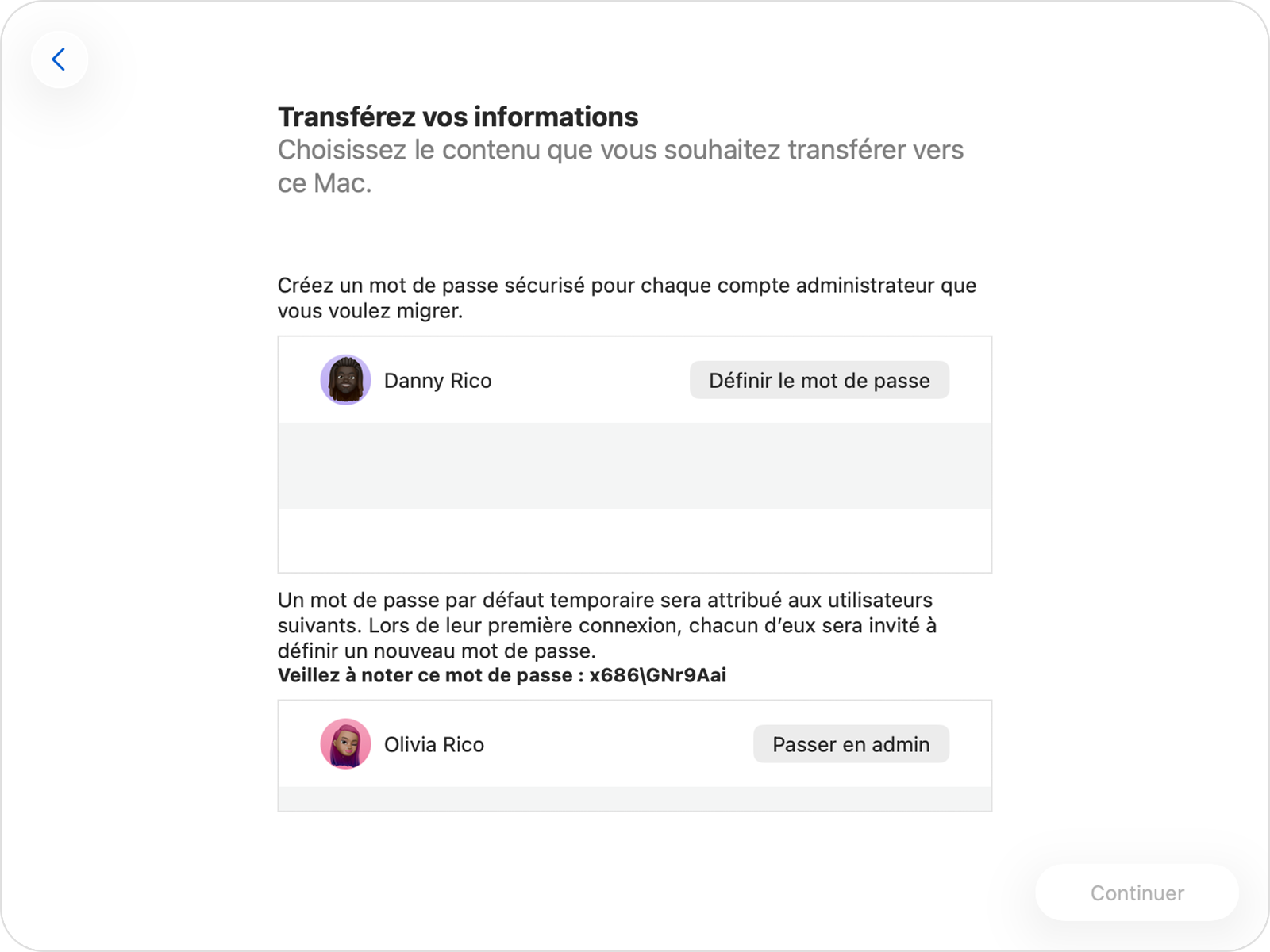 Assistant migration affichant les options de mot de passe pour un compte administrateur et non administrateur.