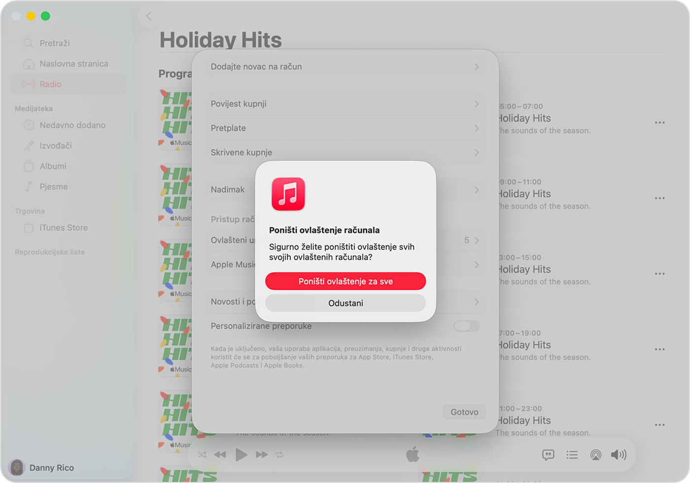 Aplikacija Apple Music na Macu u kojoj se prikazuje stranica Postavke računa, uključujući opciju Promijeni državu ili regiju.