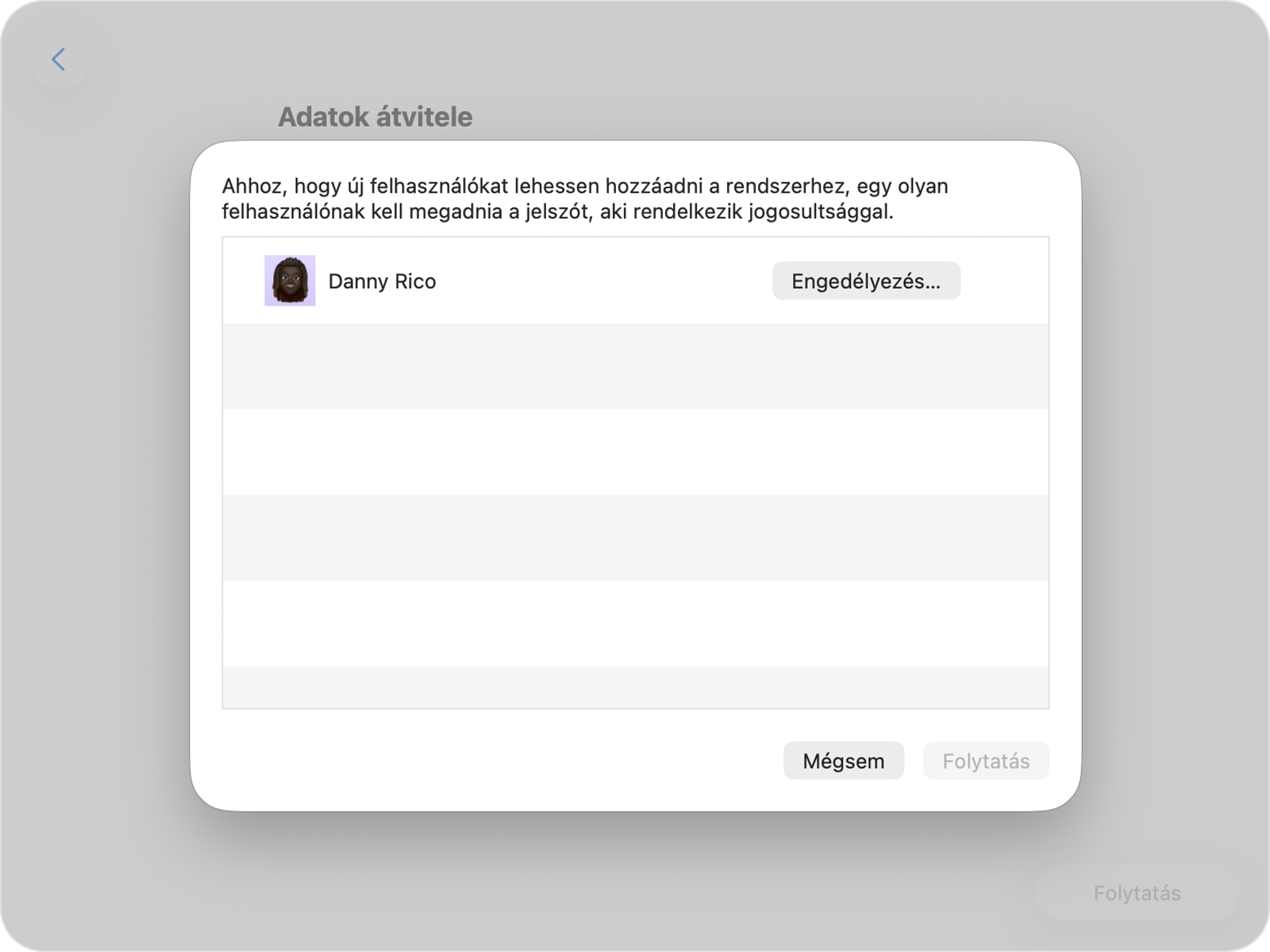 A Költöztető asszisztens, amely egy meglévő fiók jelszavát kéri az átvitel engedélyezéséhez.