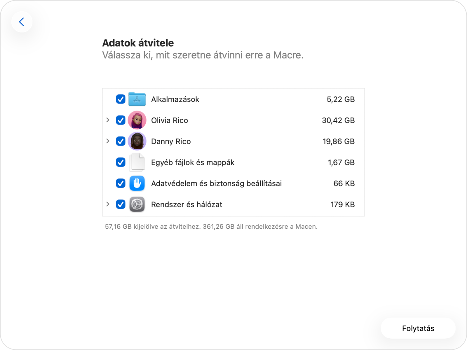 A Költöztető asszisztens, amelyben a különféle adatkategóriák láthatók.
