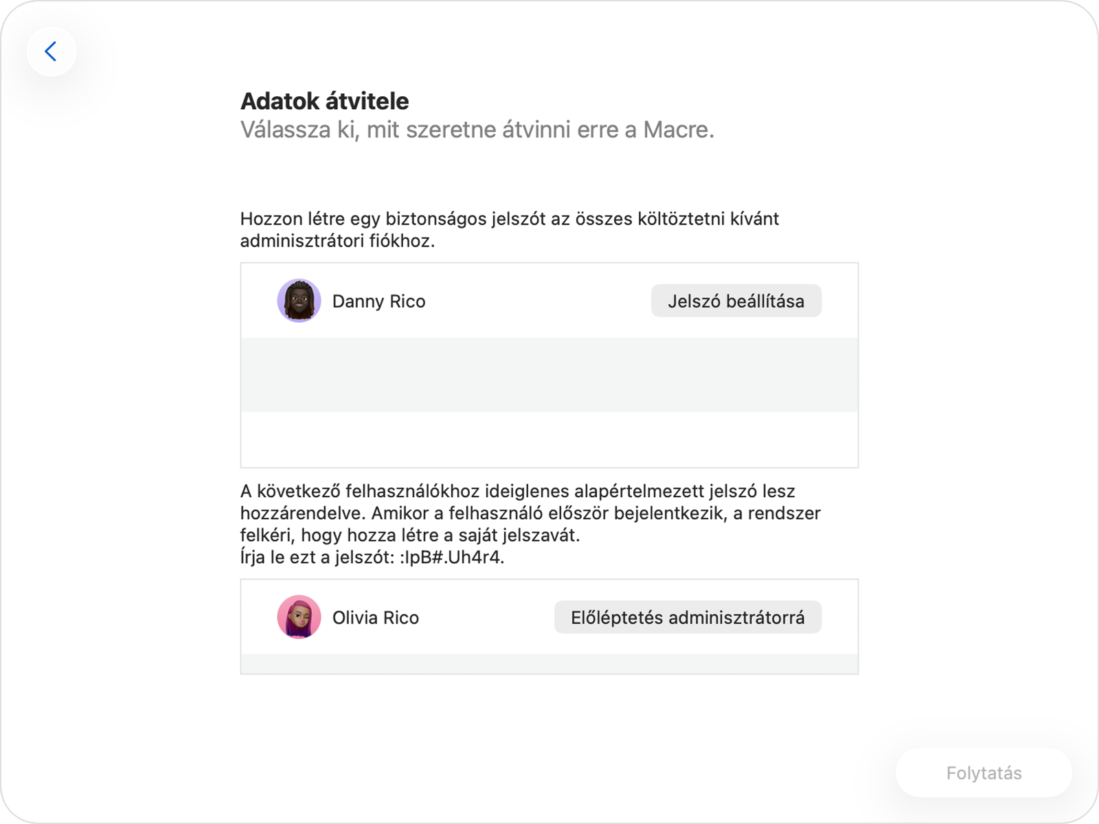 A Költöztető asszisztens, amelyben egy rendszergazdai és egy nem rendszergazdai fiók jelszóbeállításai láthatók.