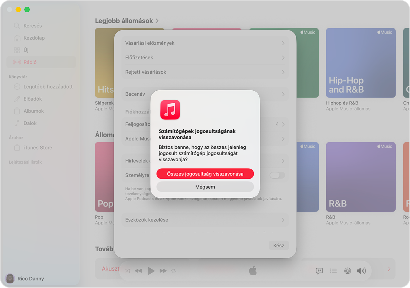A Maces Apple Music appban a Fiókbeállítások oldal és azon az Ország vagy régió módosítása elem látható.