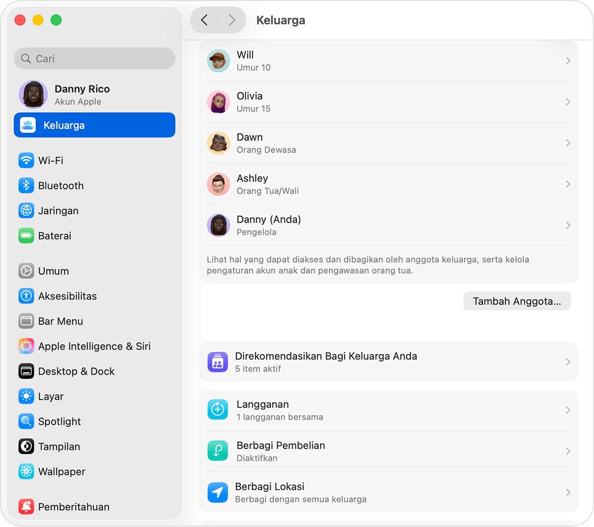Layar Mac yang menampilkan tombol Tambah Anggota ada di bawah daftar Keluarga Berbagi.