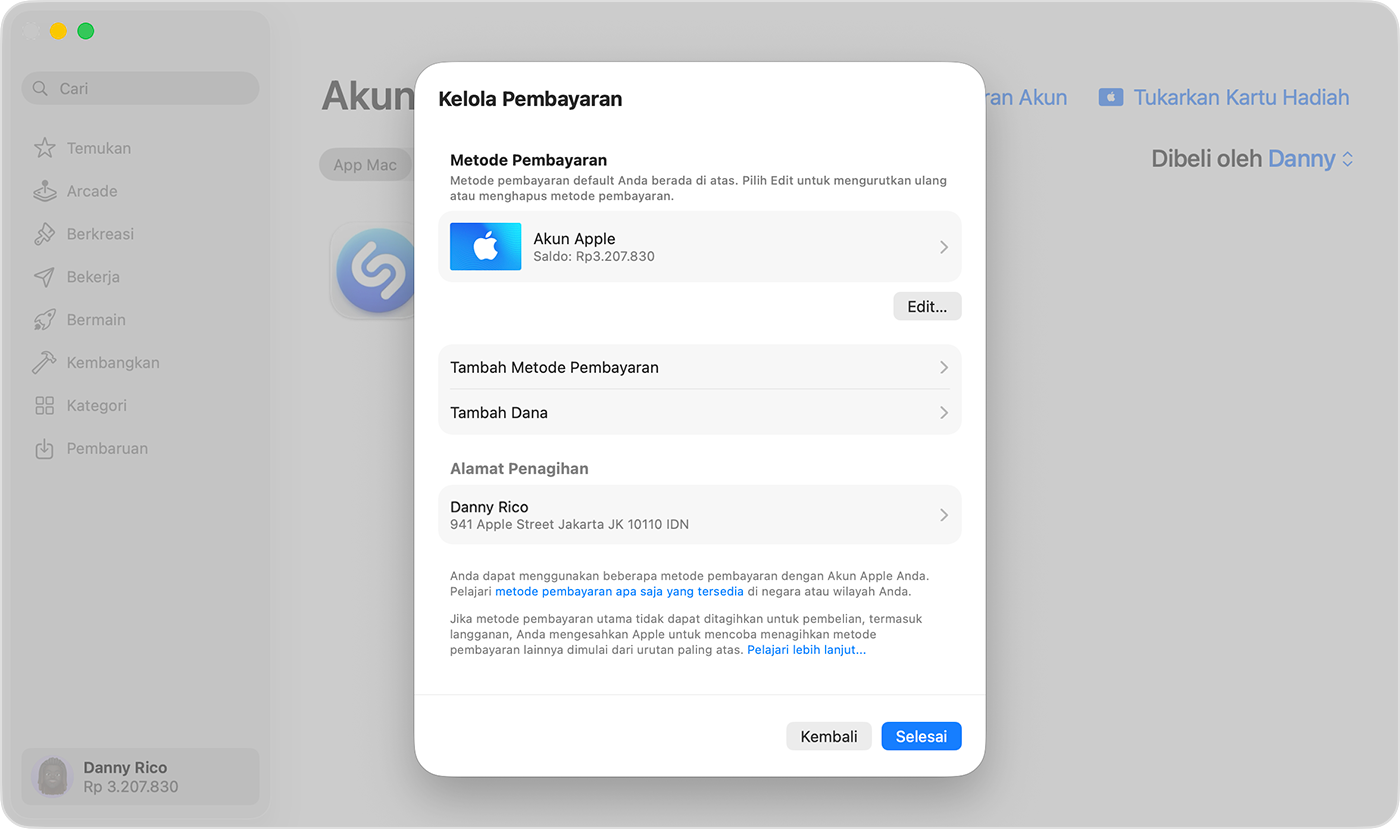 Sebuah layar Mac yang menampilkan pengaturan Kelola Pembayaran.