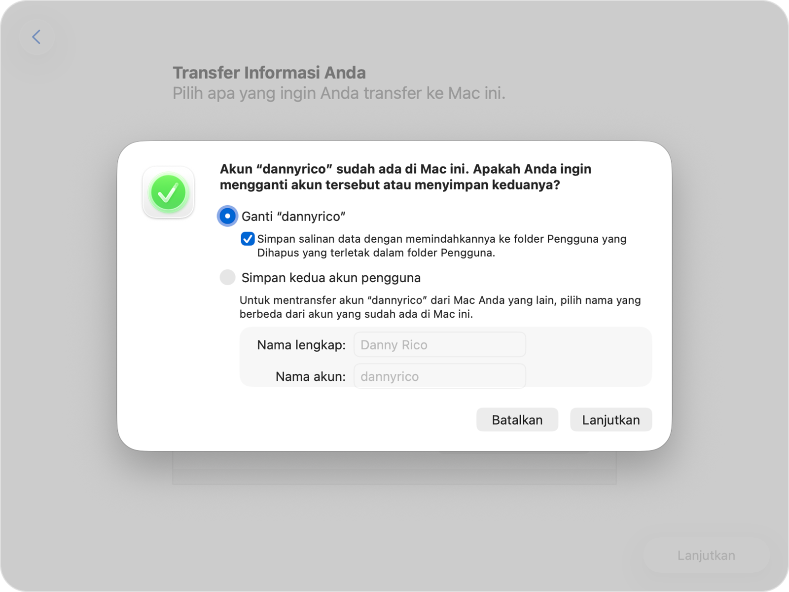 Asisten Migrasi yang menampilkan pilihan ganti atau pertahankan untuk akun yang lama.