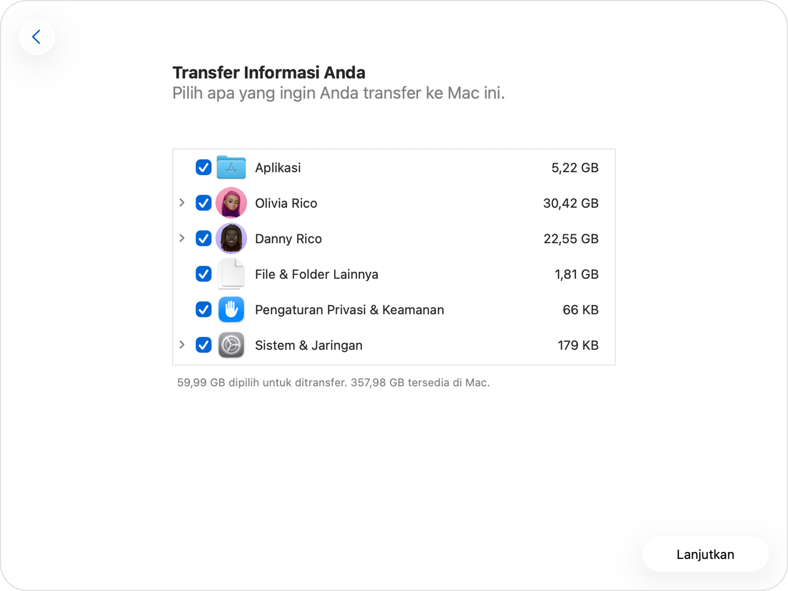 Asisten Migrasi yang menampilkan berbagai kategori informasi.