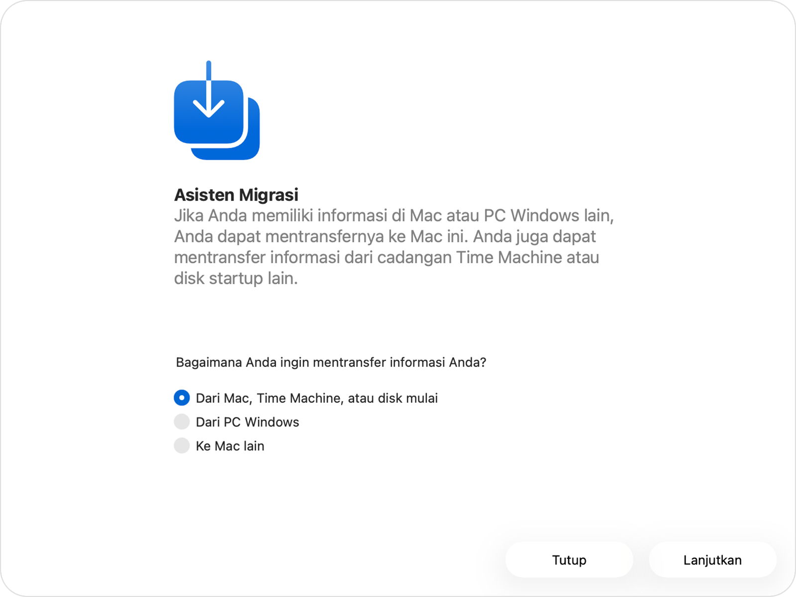 Asisten Migrasi dengan opsi “Dari Mac, Time Machine, atau disk startup” yang dipilih.