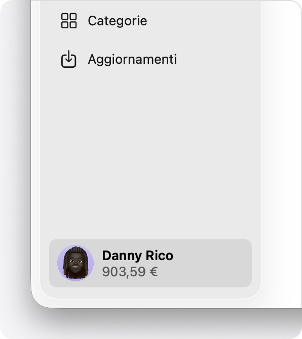Nell'App Store in macOS, il saldo dell'account viene visualizzato nella parte inferiore della barra laterale.