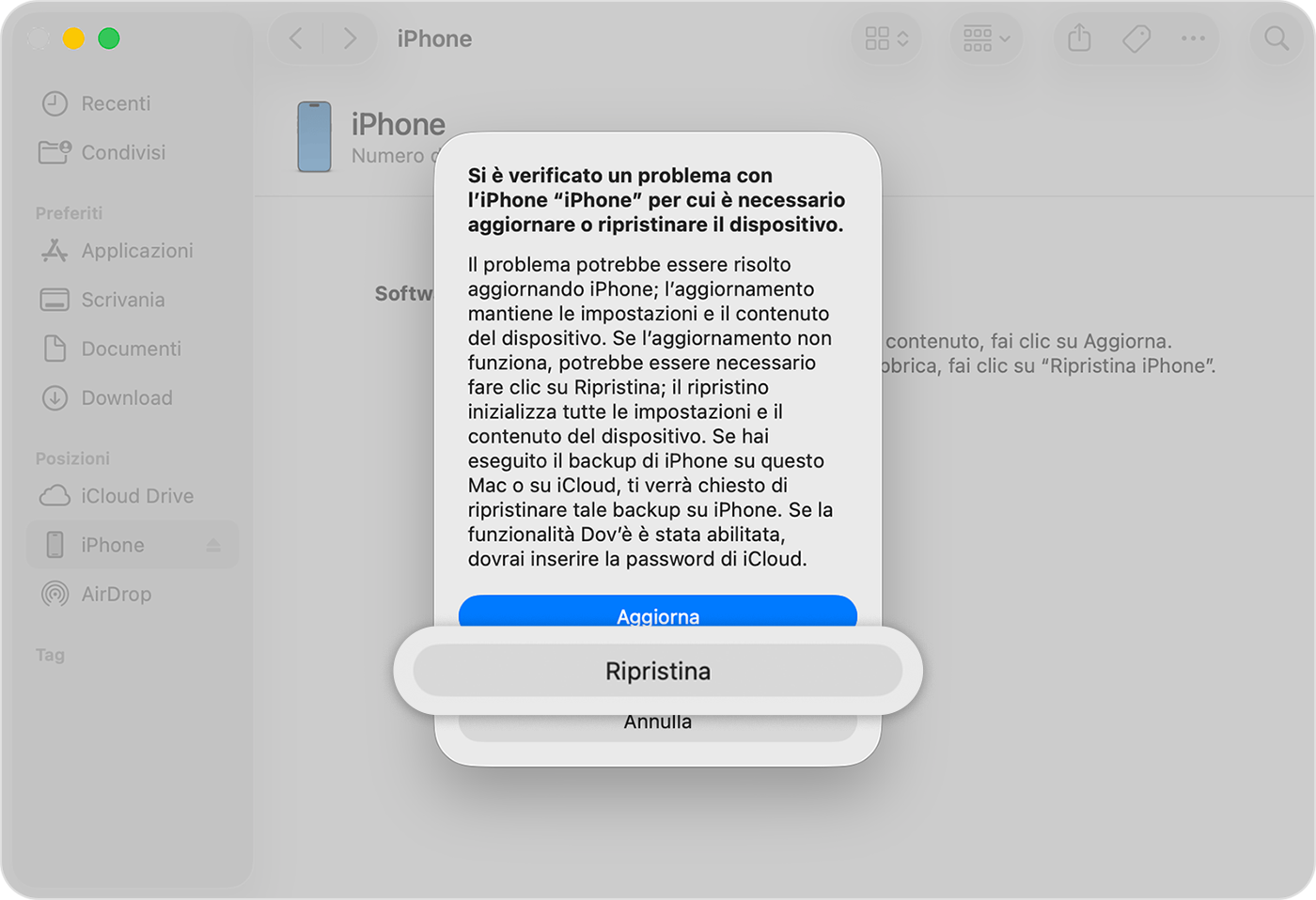 Dopo aver collegato l'iPhone al computer, tocca Ripristina quando ti viene richiesto.