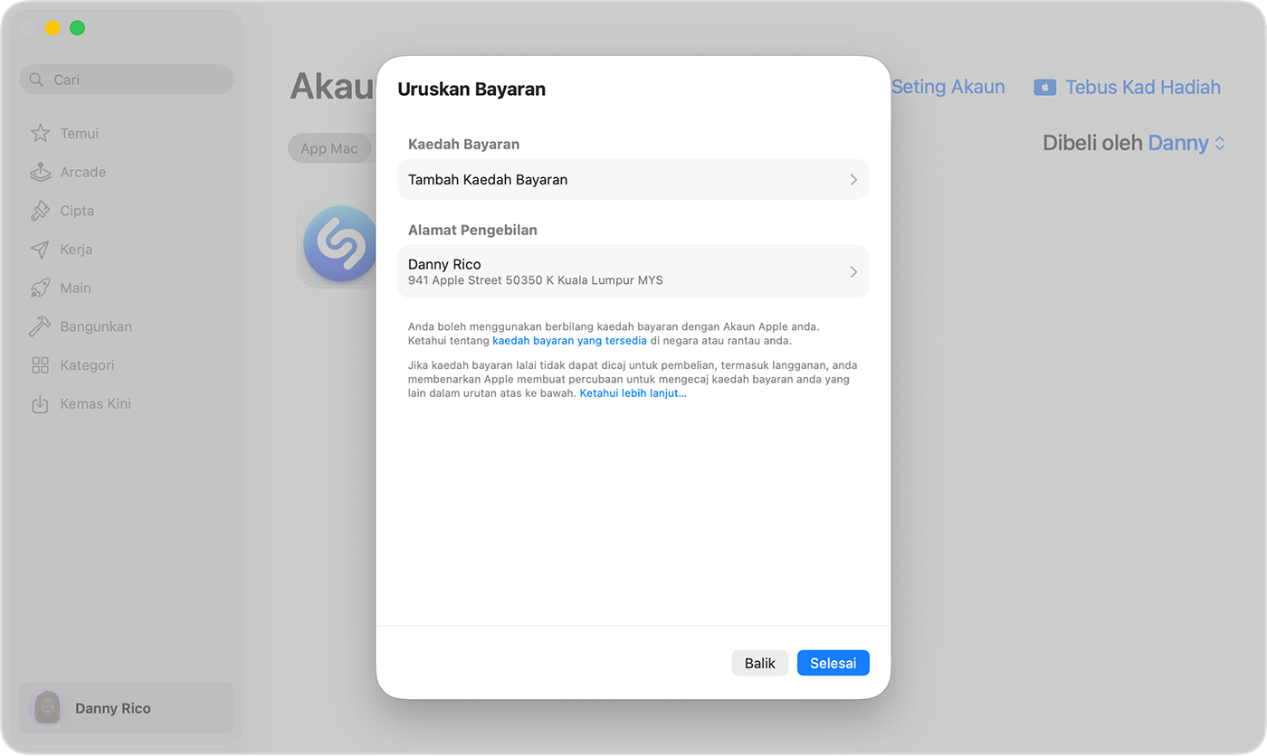 Skrin Mac menunjukkan seting Urus Pembayaran.