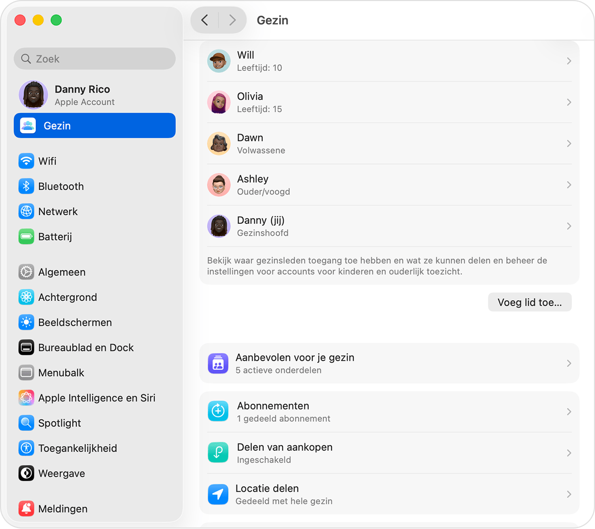 Systeeminstellingen op een Mac met de instellingen voor 'Gezin', inclusief de knop 'Voeg lid toe'