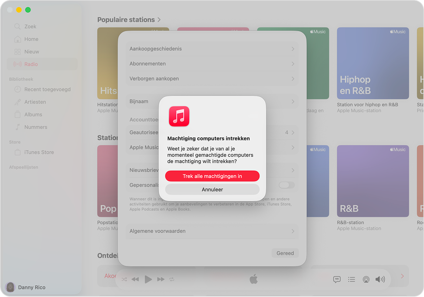 Apple Music-app op een Mac met de pagina 'Accountinstellingen', waaronder 'Wijzig land of regio'.