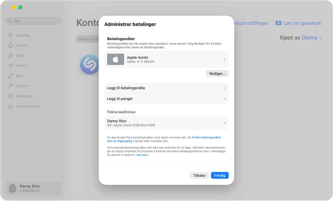 En Mac-skjerm som viser innstillingene for Administrer betaling.