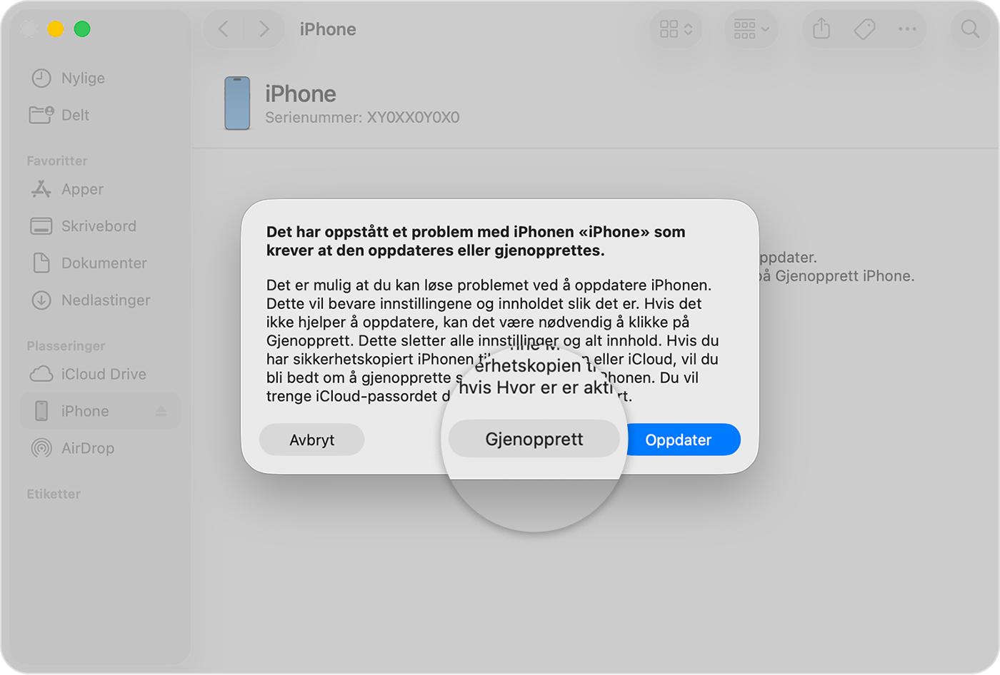 Når du har koblet iPhone til datamaskinen, trykker du på Gjenopprett når du får opp alternativet.
