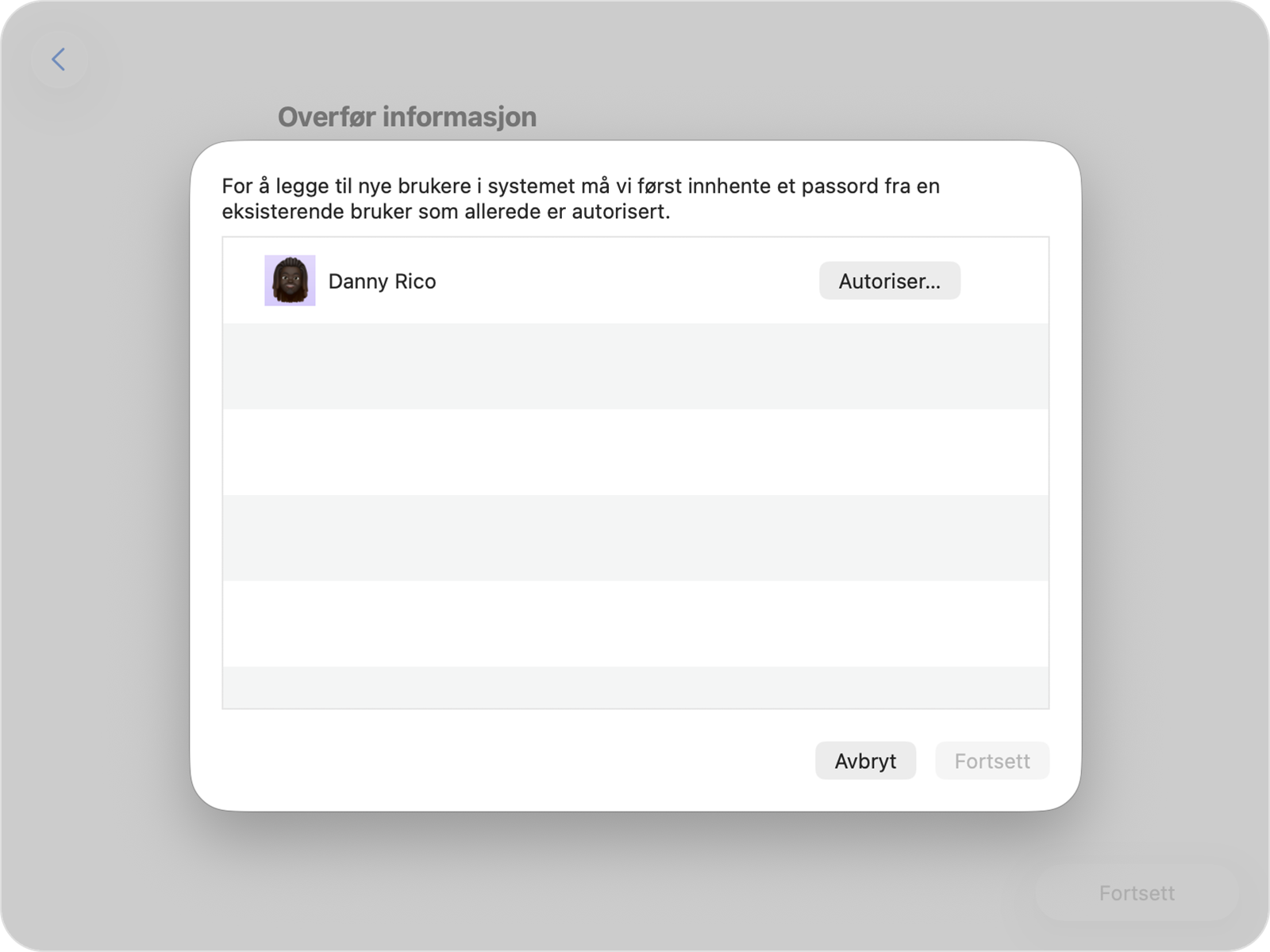 Overføringsassistenten ber om passordet til en eksisterende konto for å autorisere overføringen.