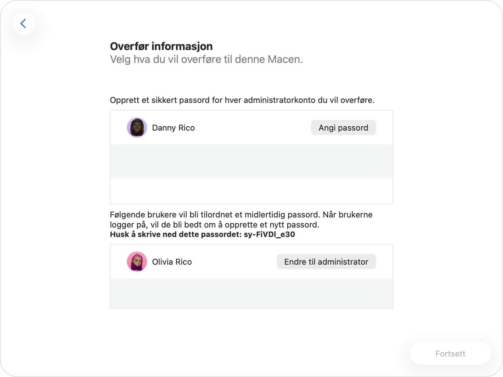 Overføringsassistenten viser passordalternativene for administrator- og ikke-administratorkonto.