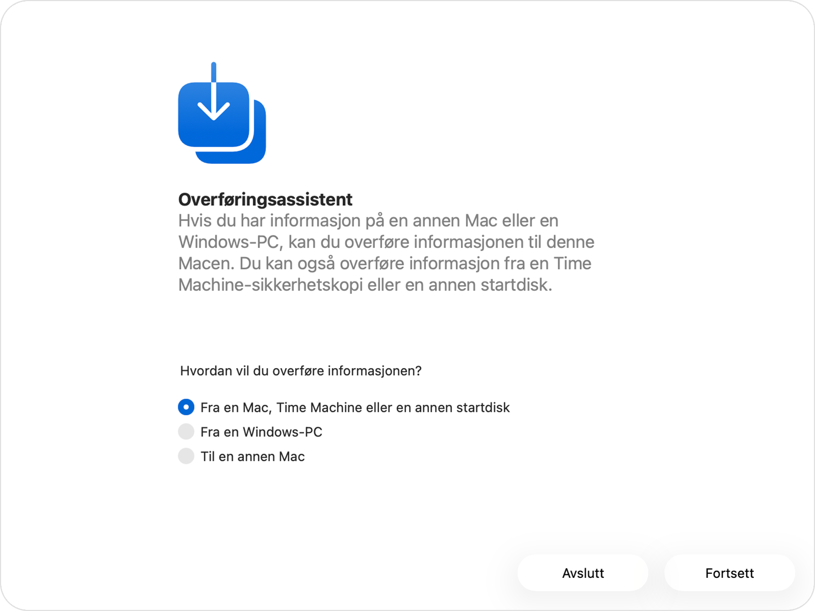 Overføringsassistent der alternativet «Fra en Mac, Time Machine eller startdisk» er valgt.