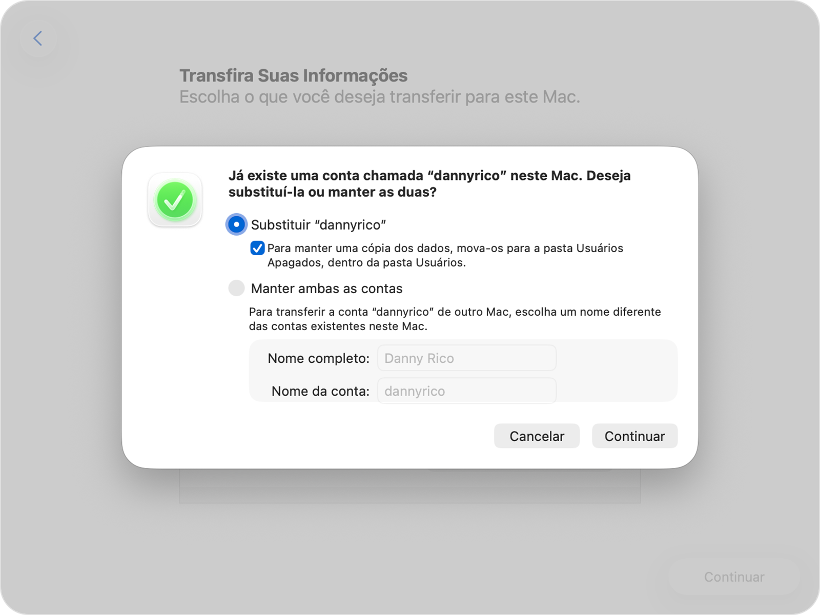 Assistente de Migração mostrando as opções de substituir ou manter para uma conta existente.