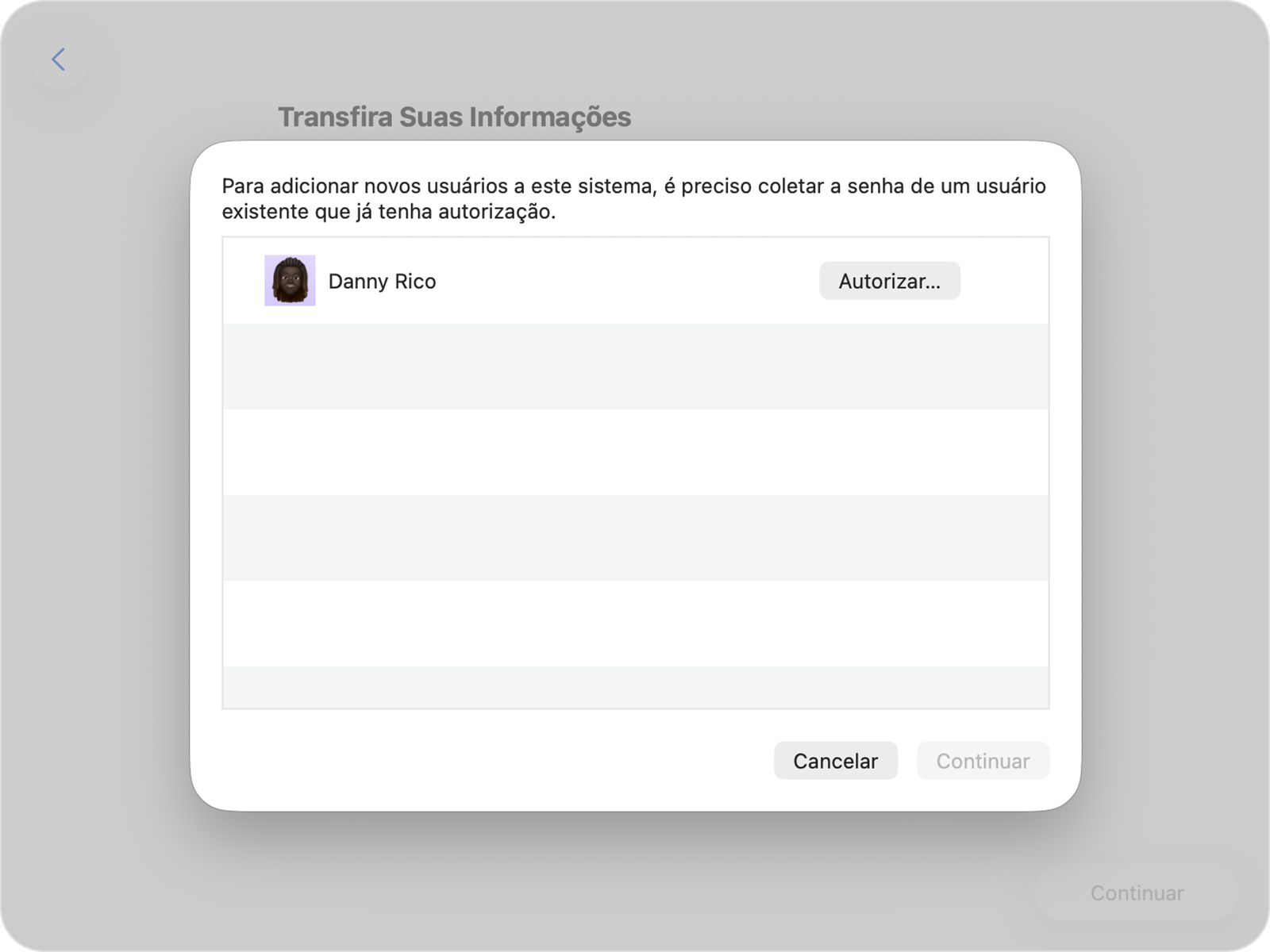 Assistente de Migração solicitando a senha de uma conta existente para autorizar a transferência.