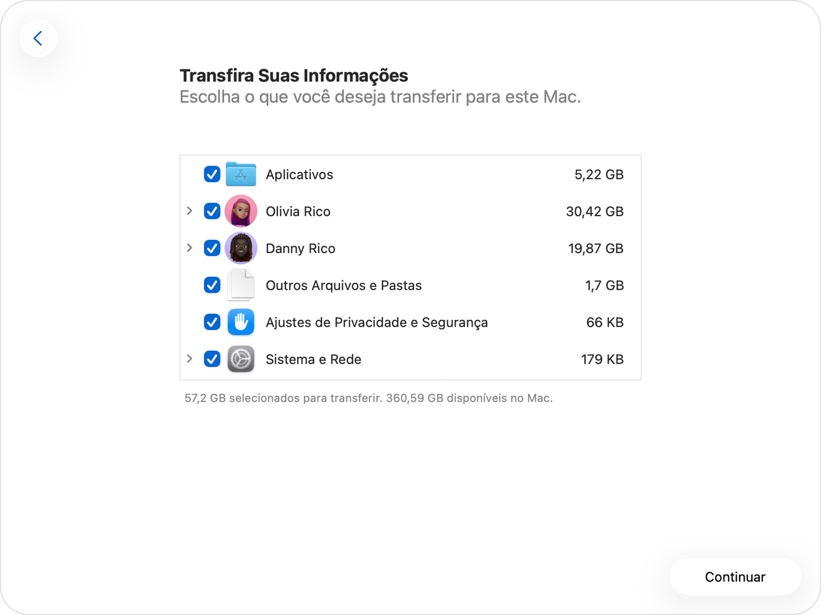 Assistente de Migração mostrando as diversas categorias de informações.