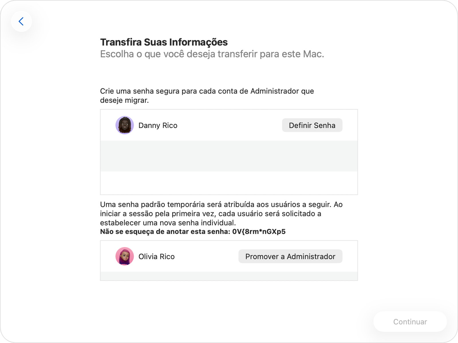 Assistente de Migração mostrando as opções de senha para uma conta de administrador e uma conta padrão.