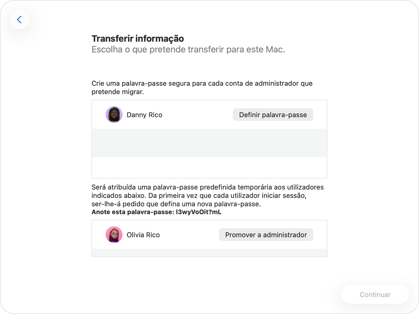 Assistente de migração a mostrar as opções de palavra-passe de uma conta de administrador e de não administrador.