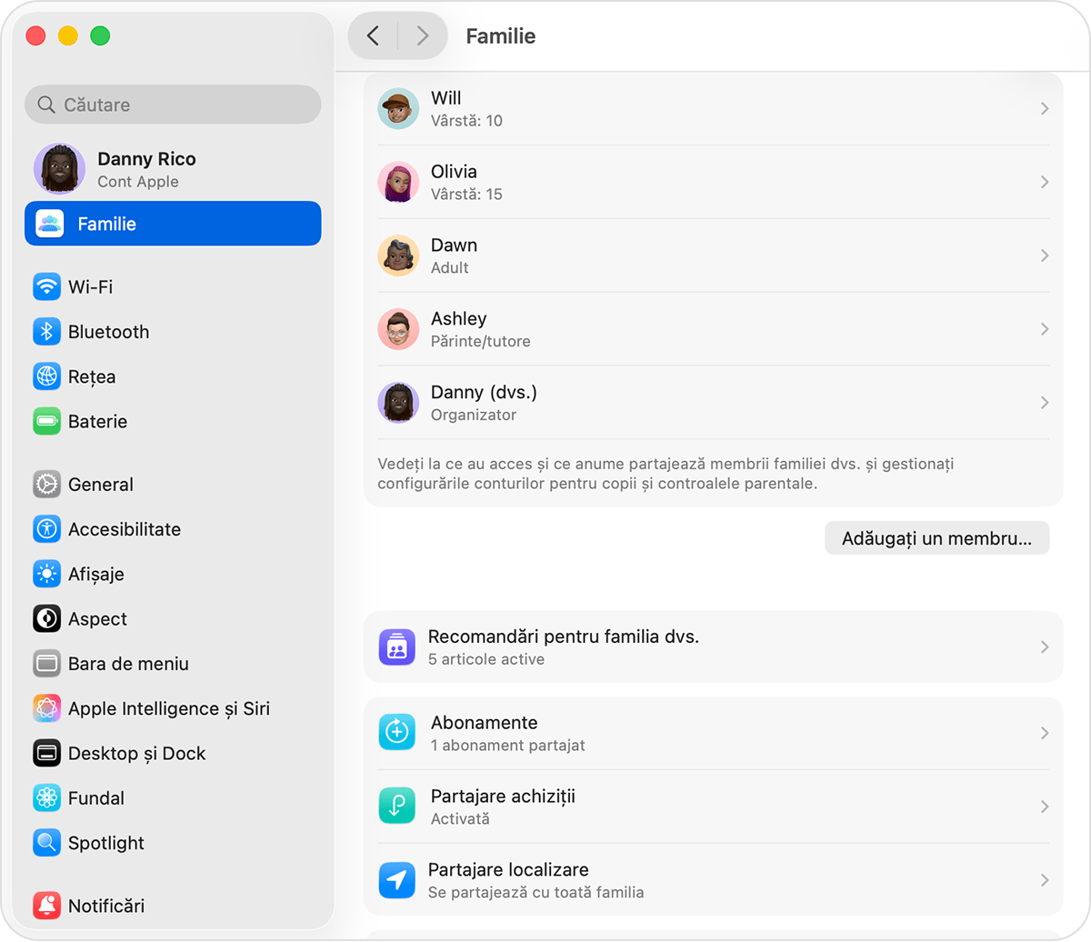 Configurări sistem pe Mac care afișează configurările pentru familie, inclusiv butonul Adăugați un membru