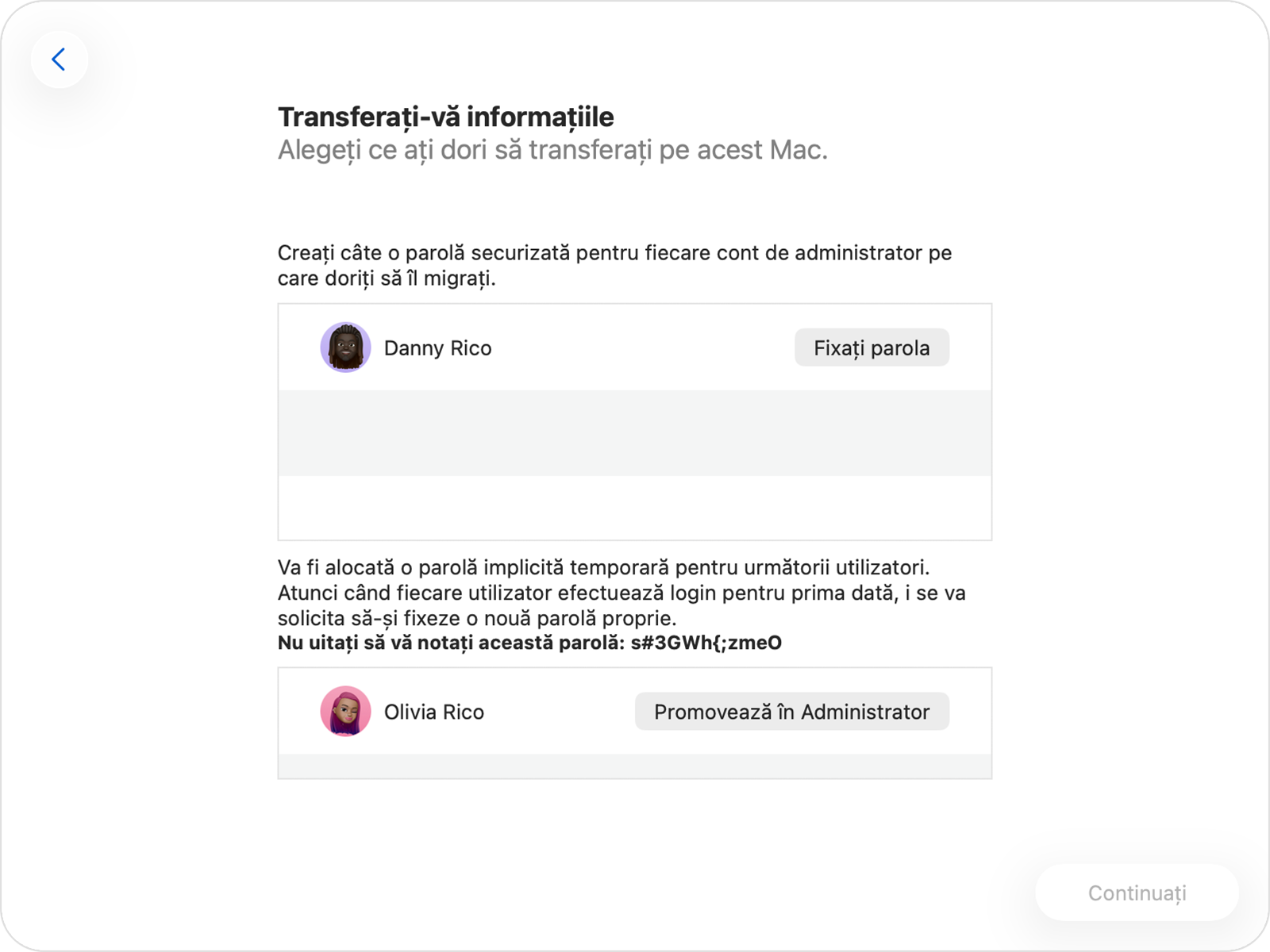 Utilitarul Asistent de migrare afișând opțiunile de parolă pentru un cont de administrator și un cont care nu este administrator.