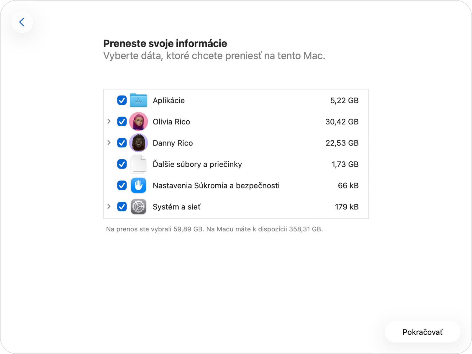 Sprievodca migráciou zobrazujúci rôzne kategórie informácií.