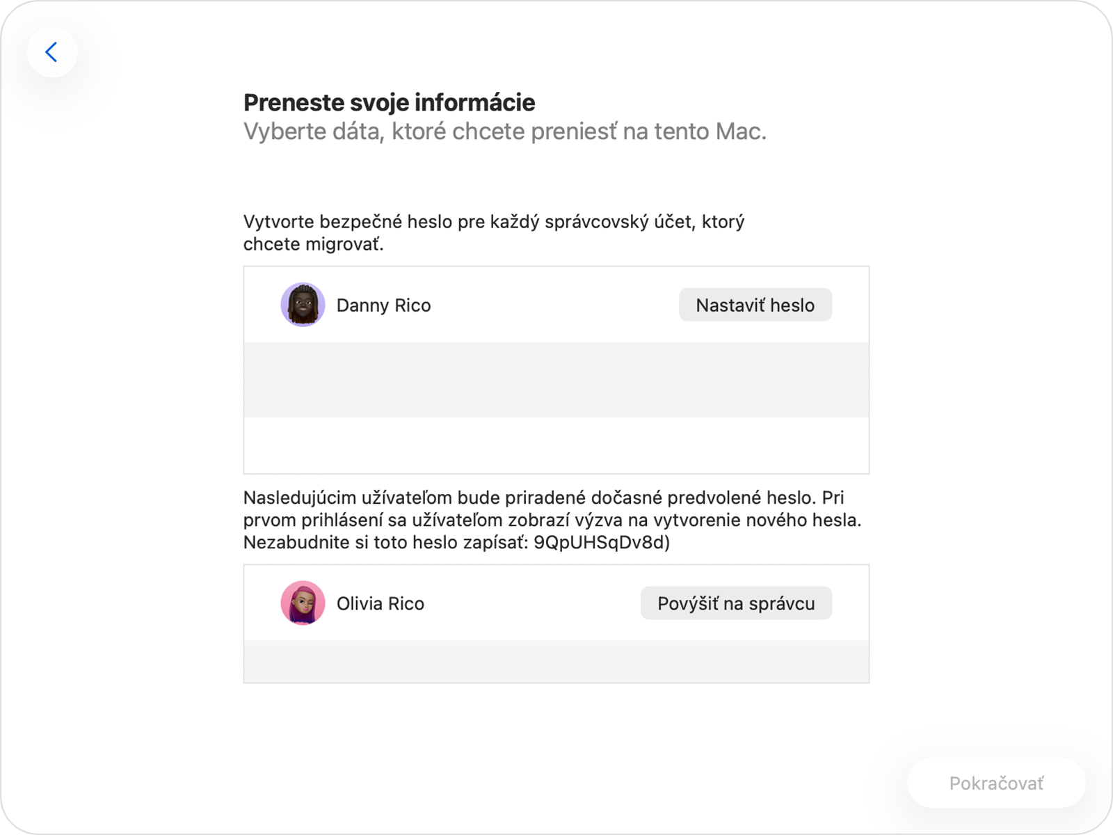 Sprievodca migráciou so zobrazenými možnosťami hesla pre správcovský účet a účet iného používateľa než správcu.