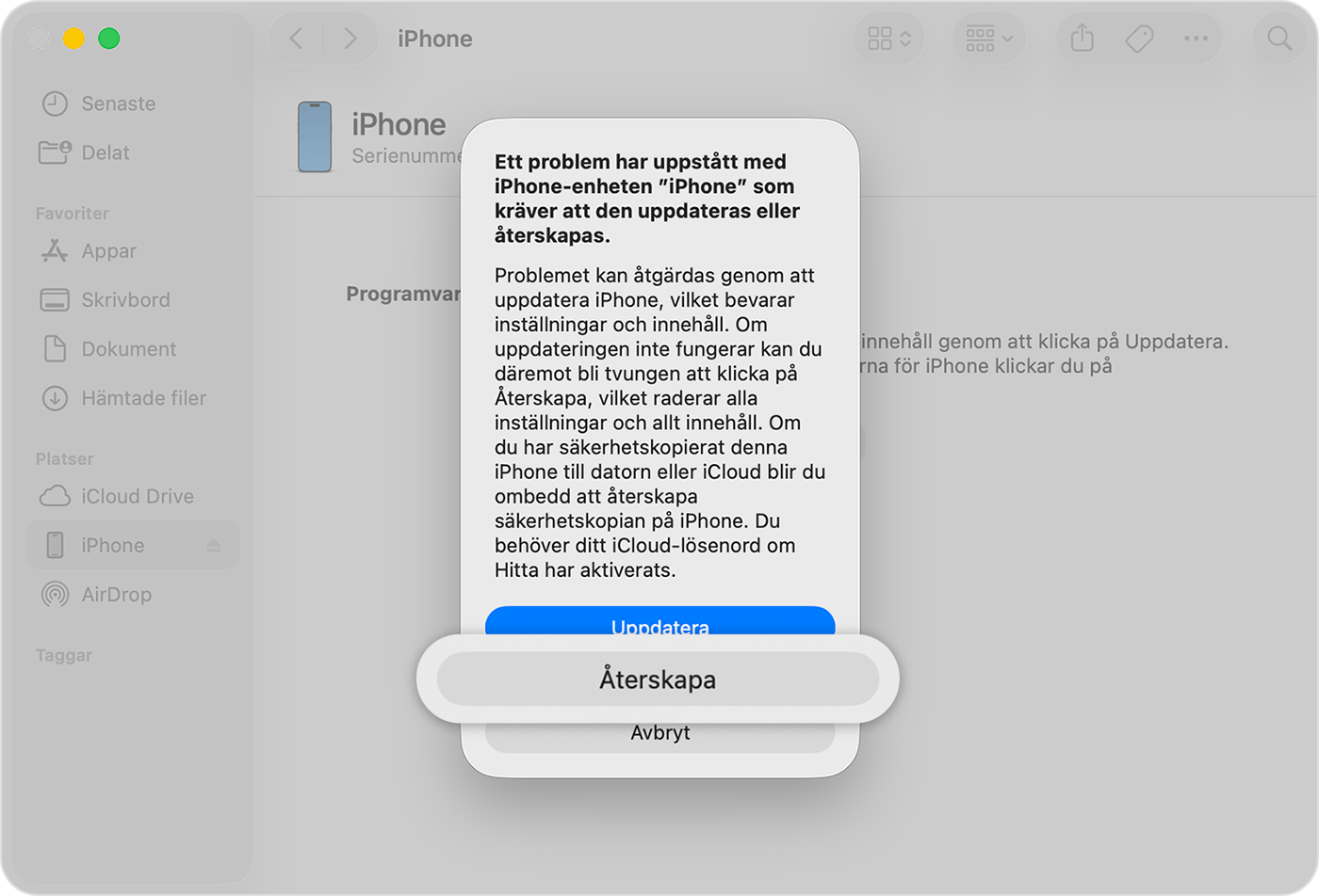 När du har anslutit din iPhone till din dator trycker du på Återskapa när du har alternativet.