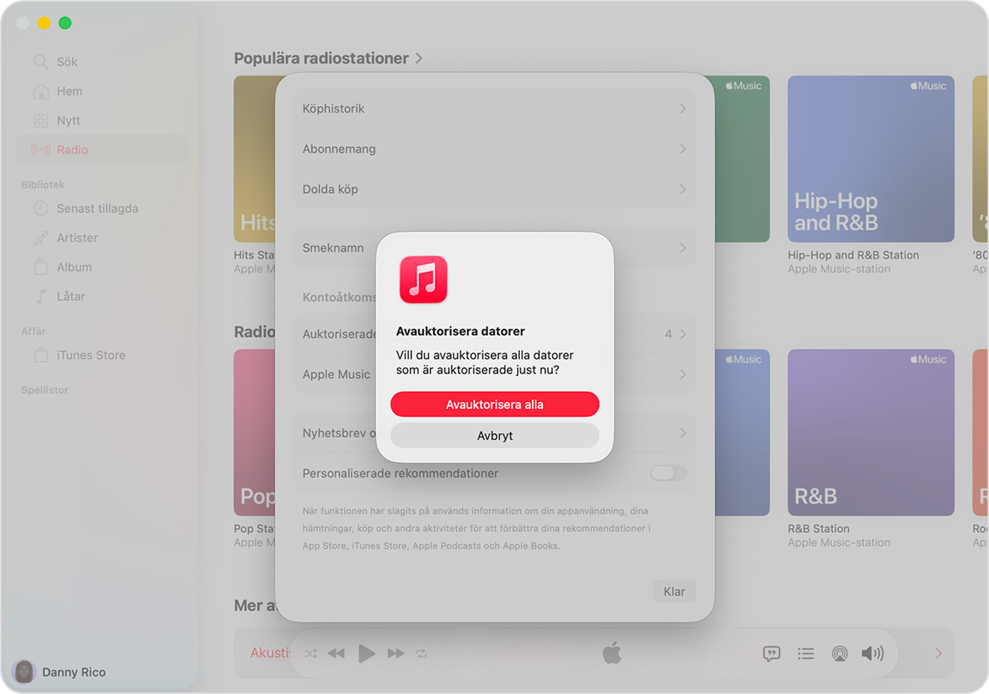 Apple Music-appen på Mac som visar sidan Kontoinställningar, inklusive Ändra land eller region.