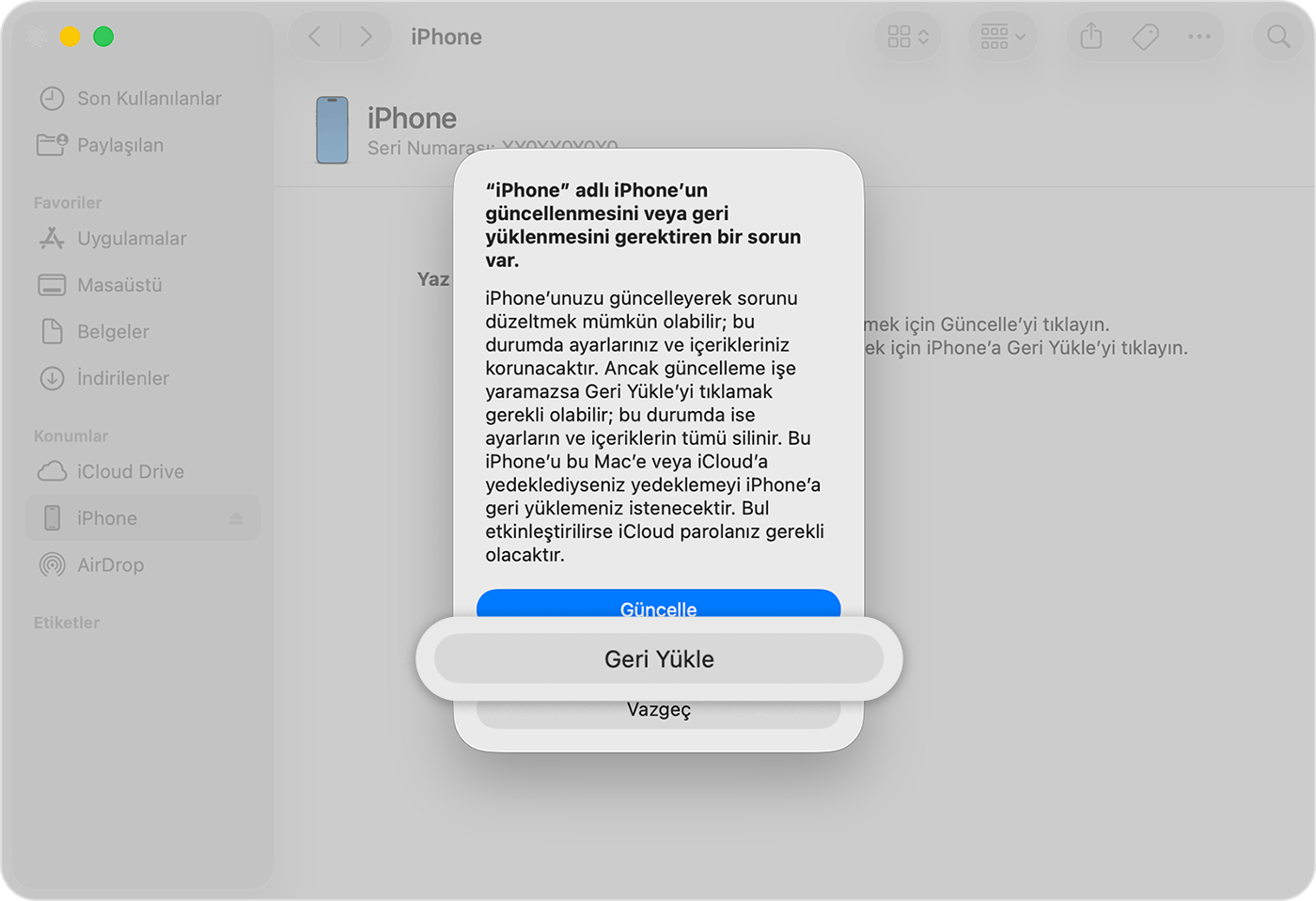 iPhone'unuzu bilgisayarınıza bağladıktan sonra, Geri Yükle gösterildiğinde bu seçeneğe dokunun.