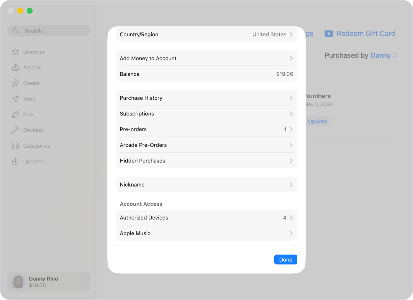 App Store on Mac showing Pre-orders in Account Settings.