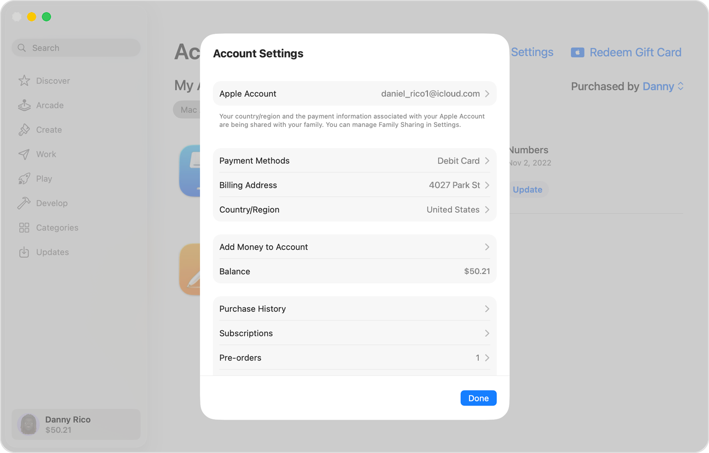 A Mac showing the Account Settings screen in the App Store on macOS Tahoe 26. To add money to your Apple Account, click Add Money to Account.