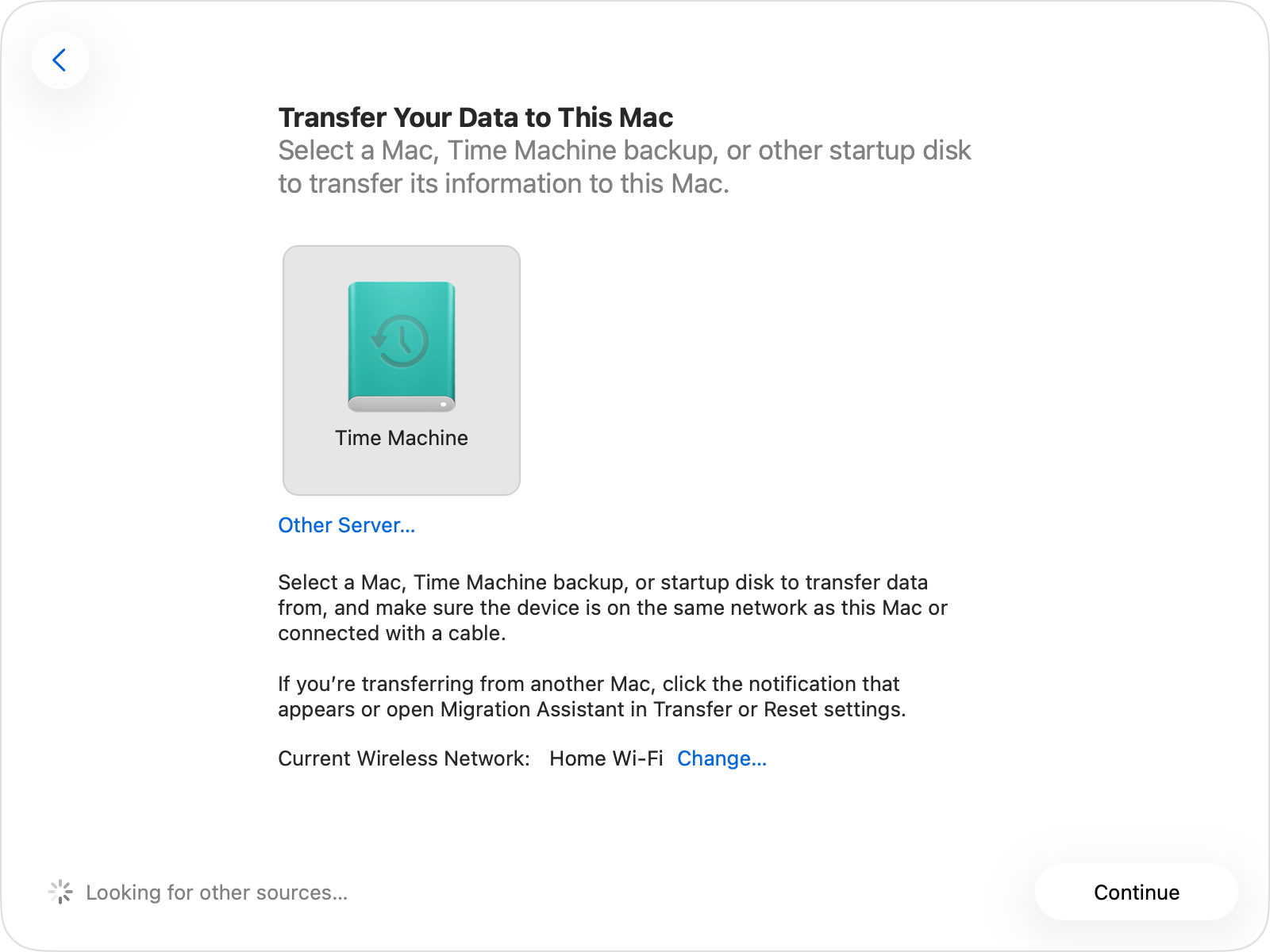 Migrationsassistent mit dem Symbol für einen Time Machine-Datenträger ausgewählt.