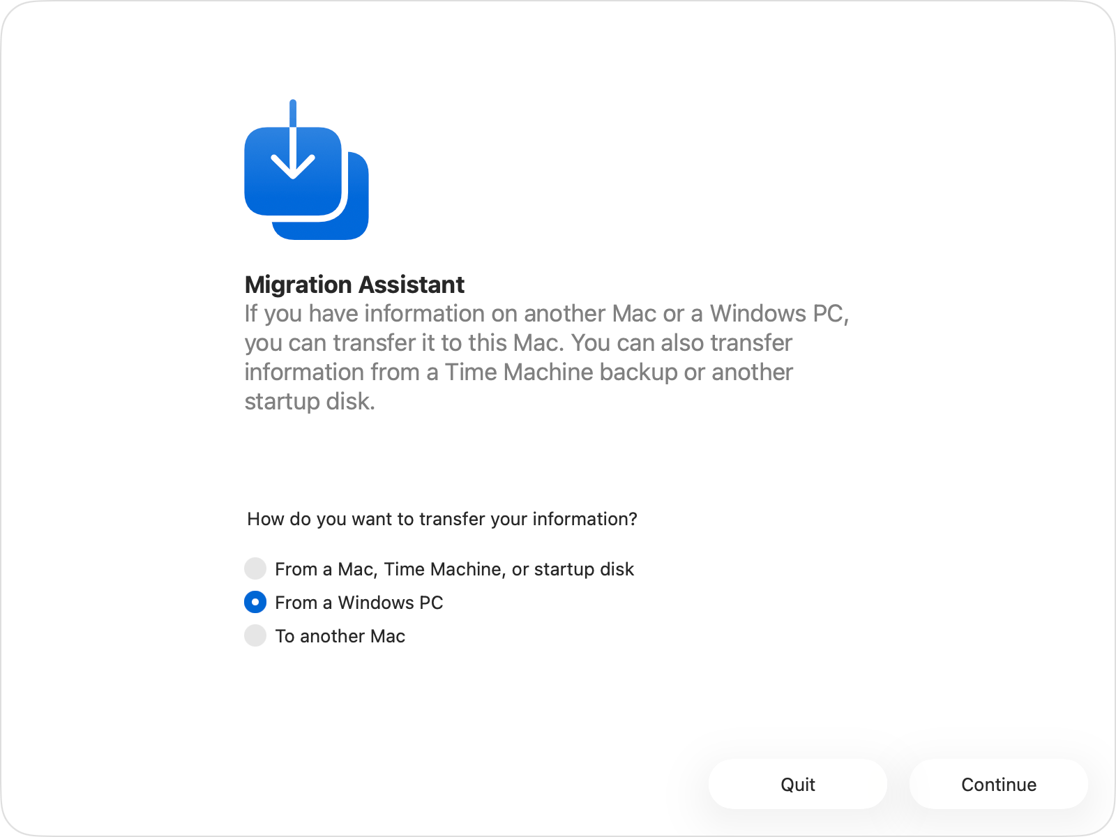 Migration Assistant with the "From a Windows PC" option selected.