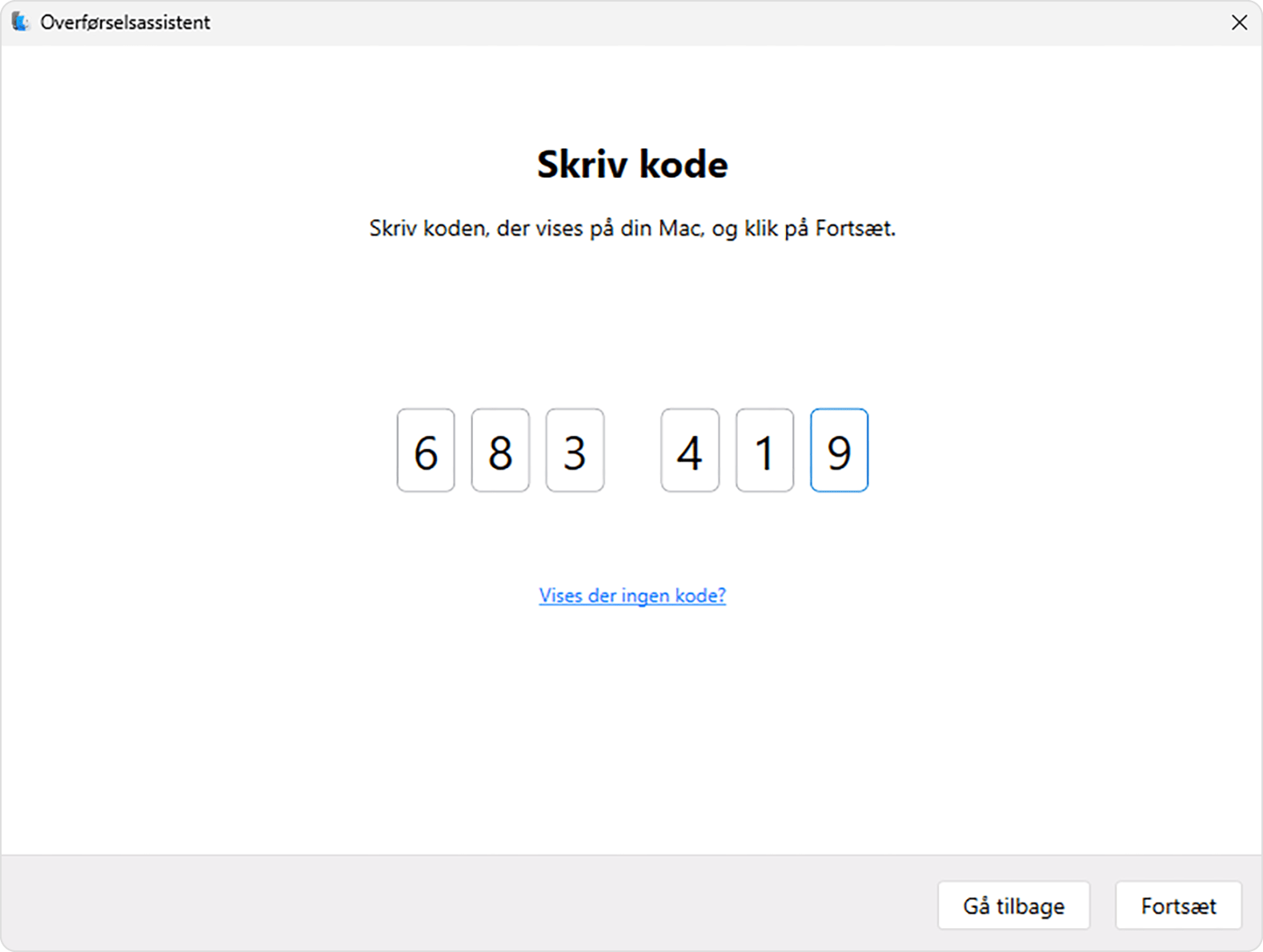 Overførselsassistent på pc: Indtast kode