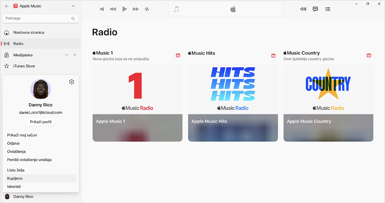 U aplikaciji Apple Music za Windows u donjem lijevom kutu nalazi se naziv Apple računa. Kliknite ga da bi se prikazale postavke računa.