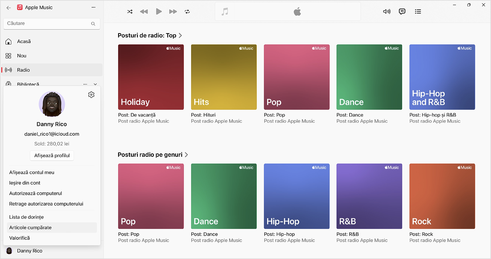 În aplicația Apple Music pentru Windows, numele contului Apple se află în stânga jos, iar ecranul cu configurările contului apare atunci când faci clic pe acesta.