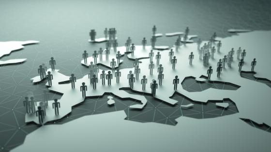 3D illustration of people on map of Europe