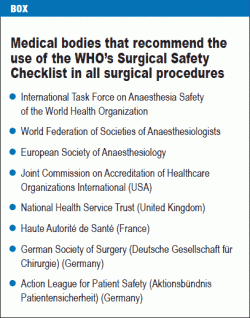 Medical bodies that recommend the use of the WHO’s Surgical Safety Checklist in all surgical procedures