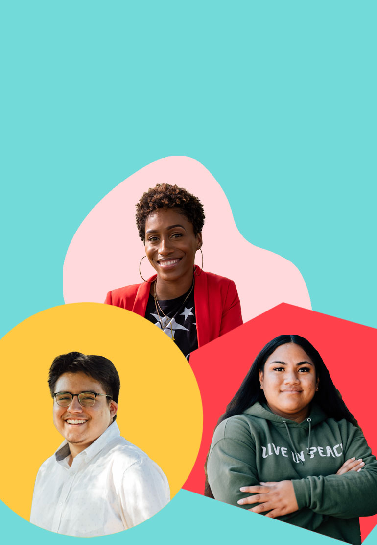 A young man smiles and wears a while collared shirt. A young woman wears a red blazer and smiles. And a young woman smiles with her arms cross and wears a green hoodie.