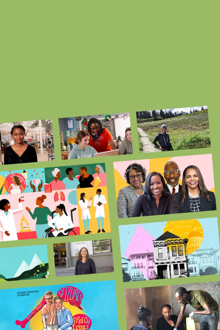 A variety of people and illustrative images compiled on a green background.