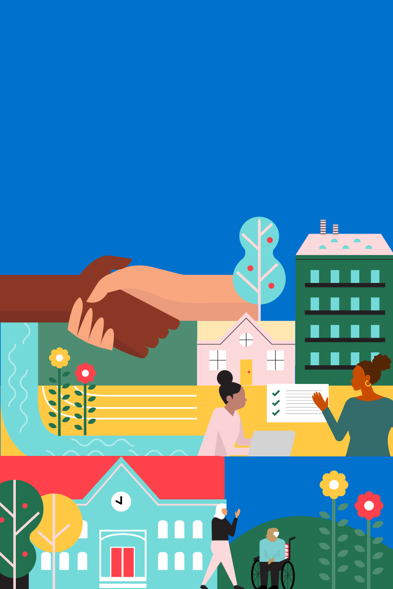 A vibrant, multi-faceted illustration set in a royal blue background shows community members talking, engaging and shaking hands.