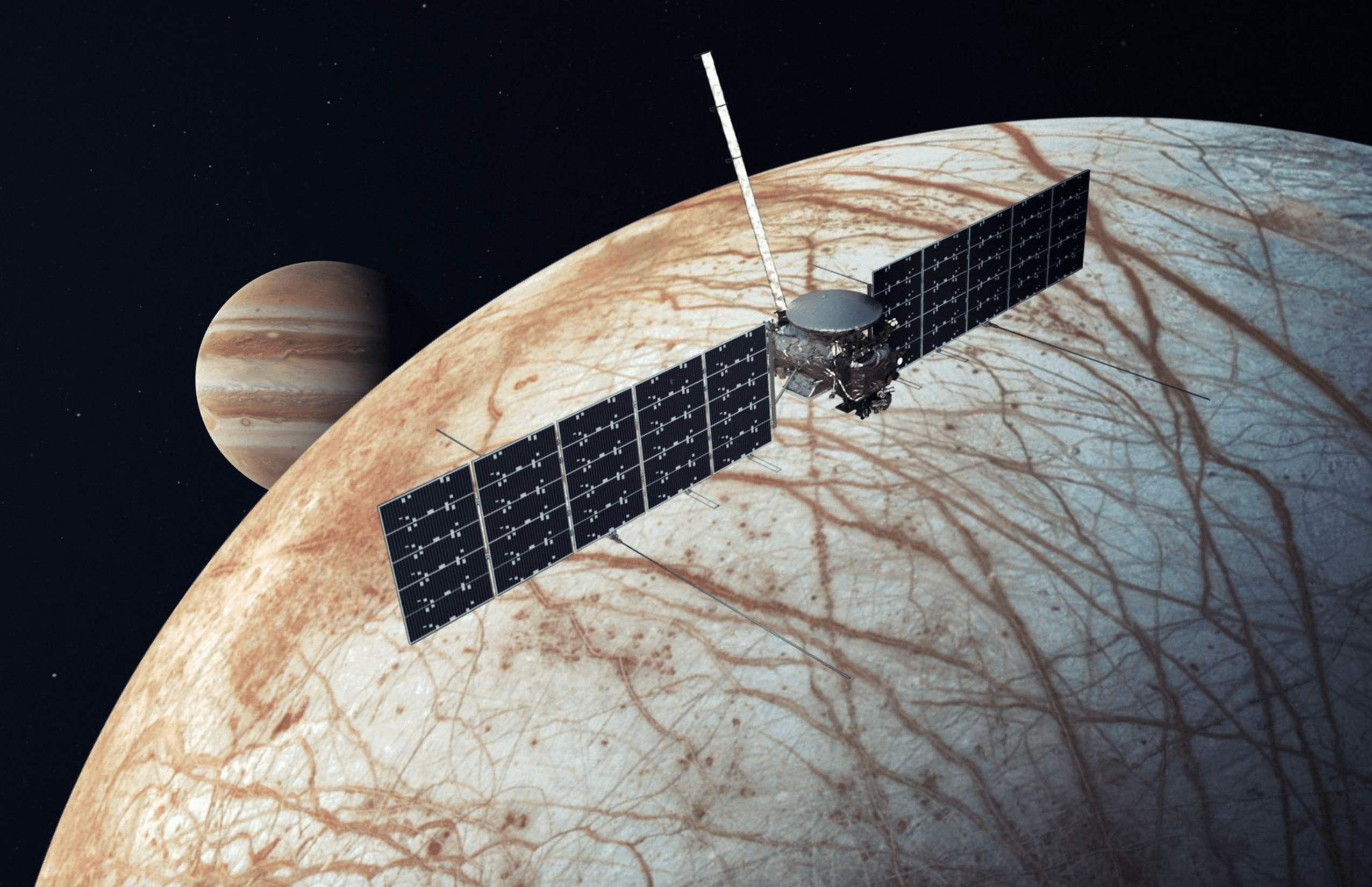 Ilustración de la nave espacial Europa Clipper de la NASA en el espacio, con la luna joviana Europa de fondo. Más alejado en la imagen se ve la ilustración del planeta Júpiter.