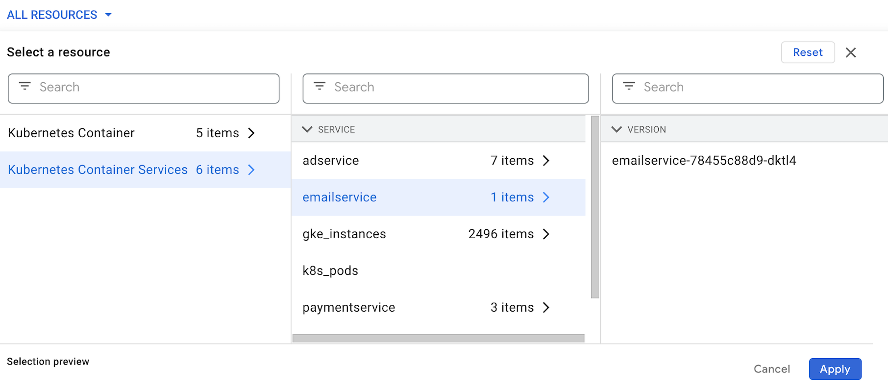 The error reporting Resource filter menu showing the available error group label filters for the Kubernetes Container Services resource.