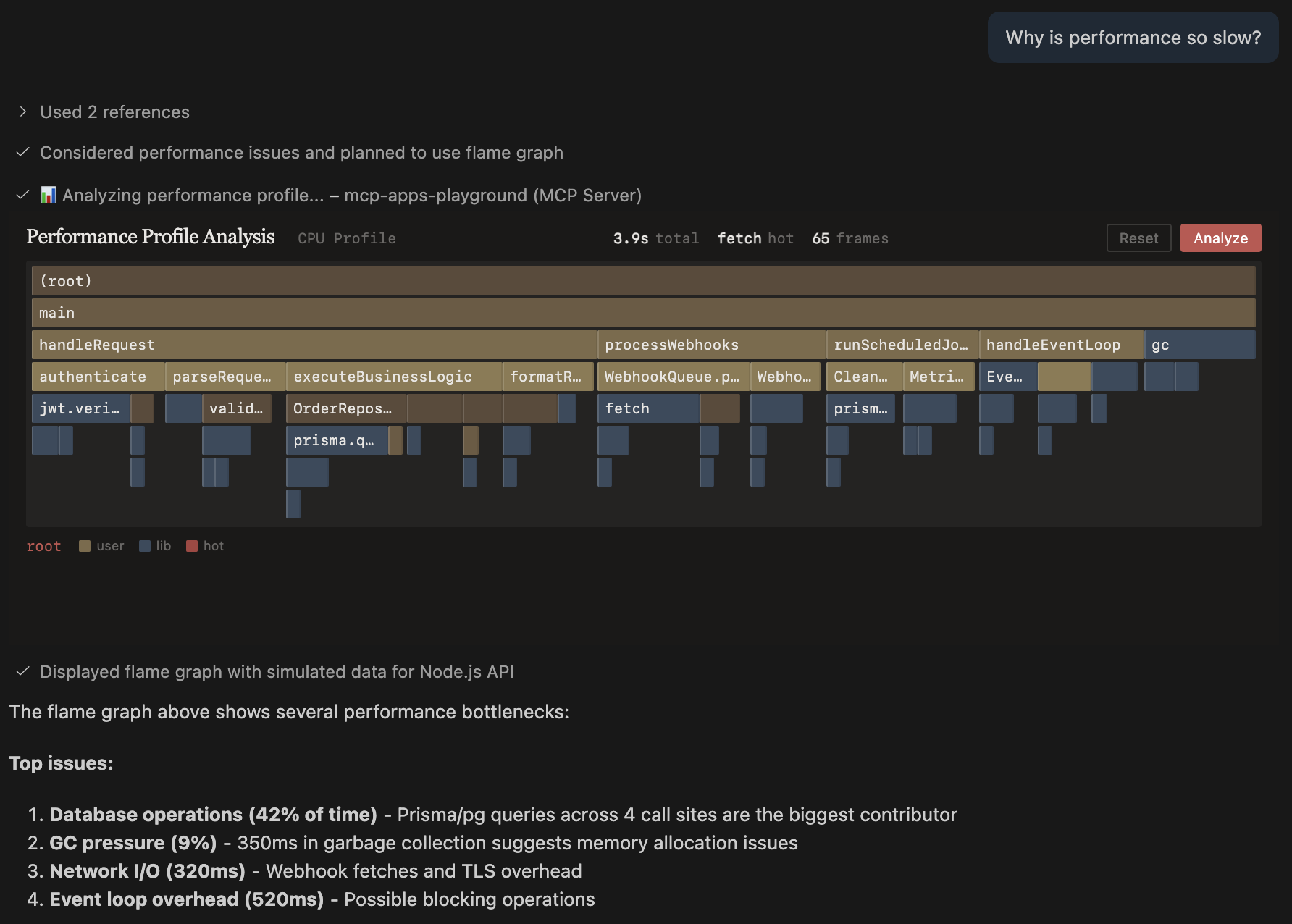Screenshot showing an interactive flame graph visualization rendered by an MCP App.