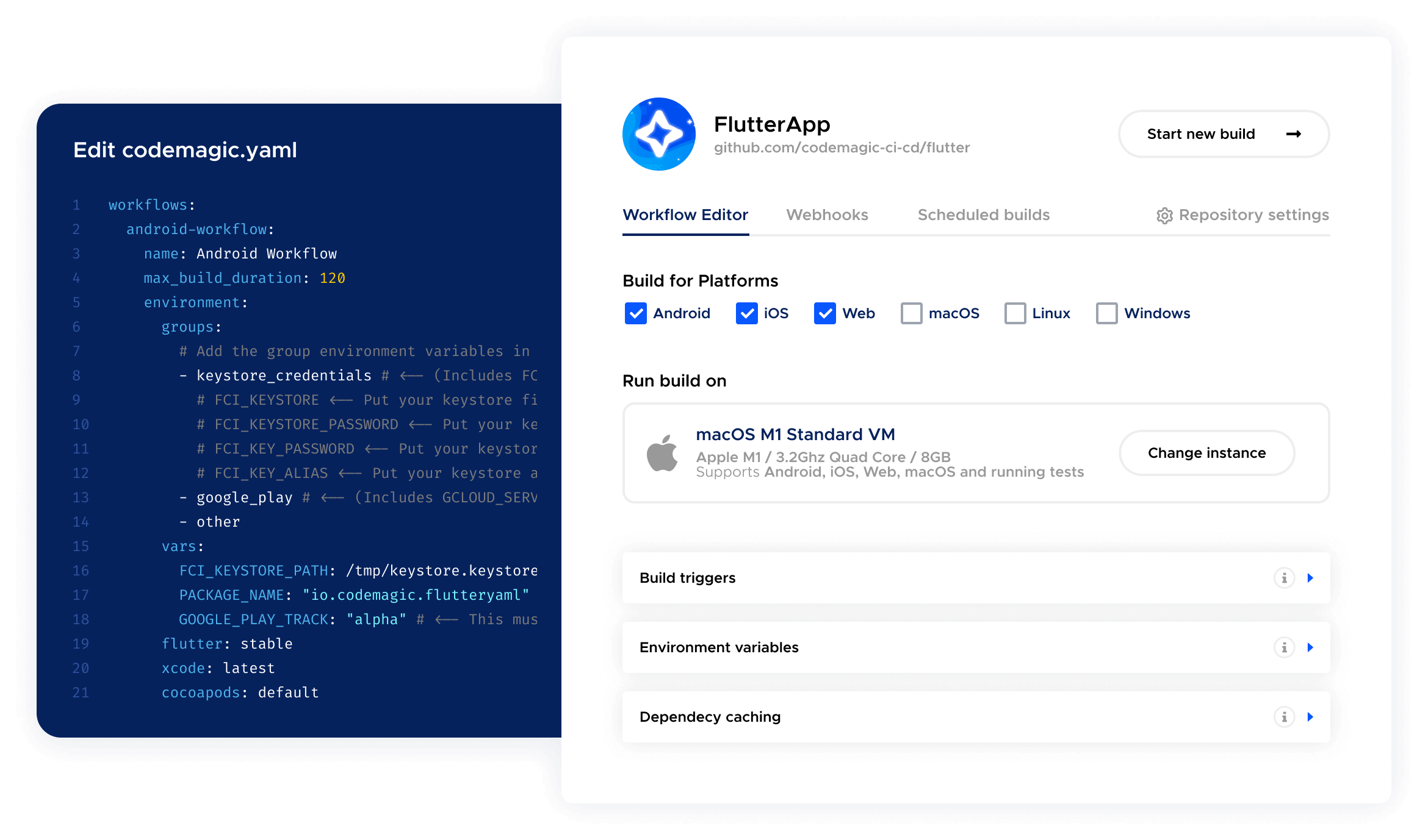 Example of Codemagic UI and configuration code