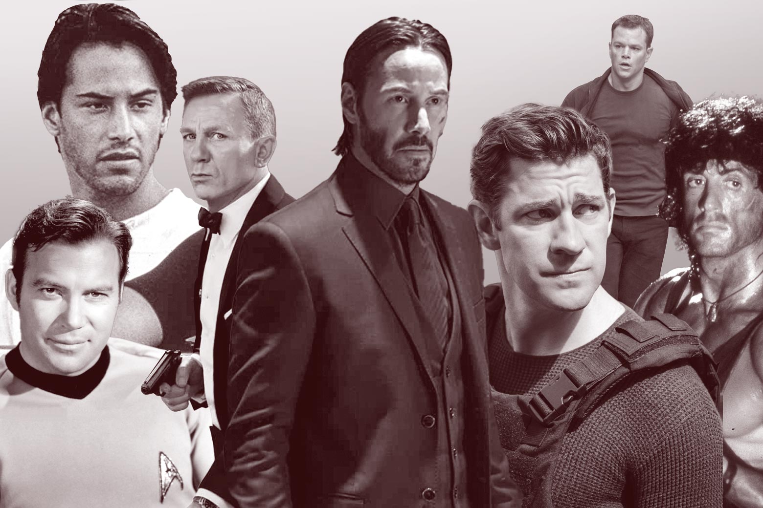 A collage of J-named action heroes, including James Bond, Jason Bourne, John James Rambo, and more.